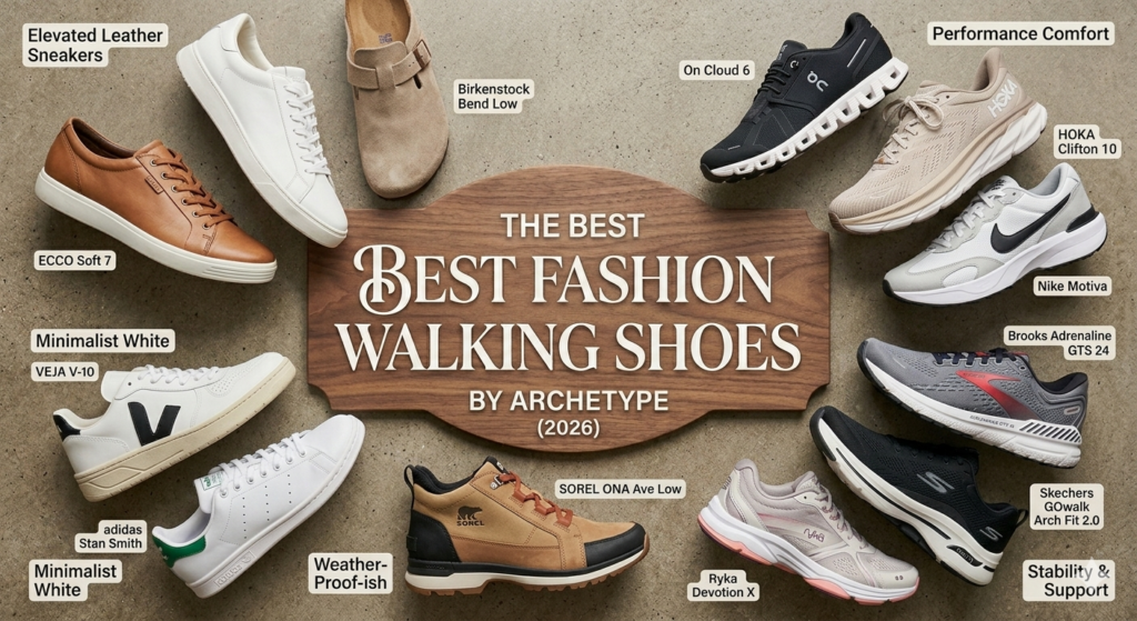 An image of the best fashion walking shoes for 2026 by archetype in a circle around a sign. There are words that list and describe each shoe type. 